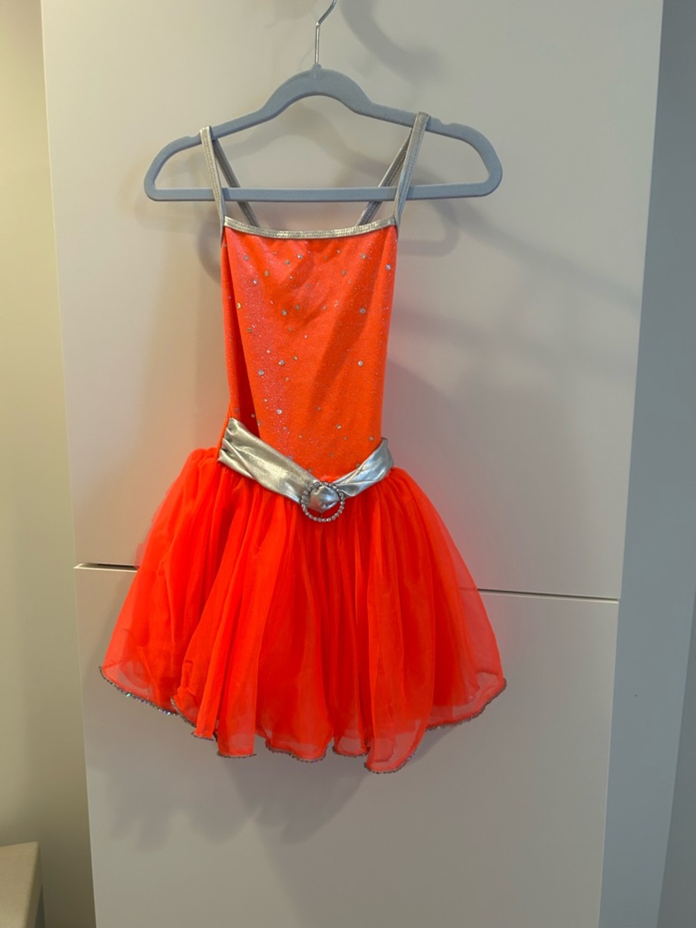 Girls Bright Orange Tulle Dance Costume with Silver Accents - Size XS
